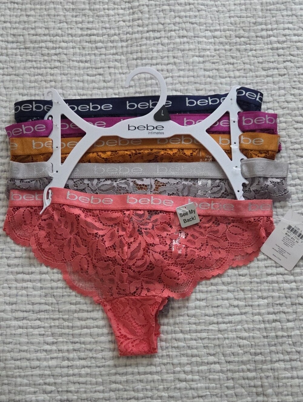 NWT Bebe Lace Bikini Panty Set – Coral, Gray, Gold, Purple, Navy